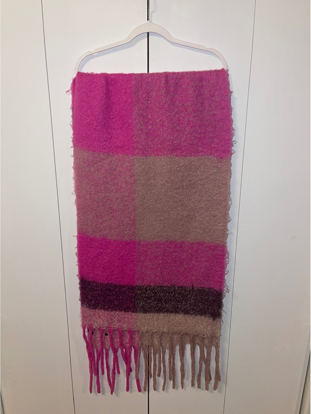 Express Oversized Colorblock Blanket Scarf Pink Taupe Brown Fringe 19” x 72”
